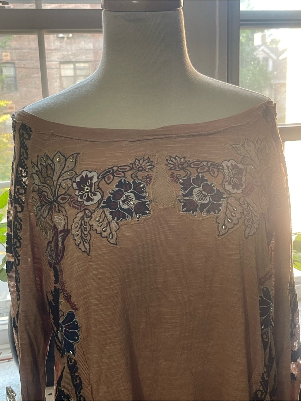 Free People Peach Long Sleeve Top with Navy Floral Embroidery